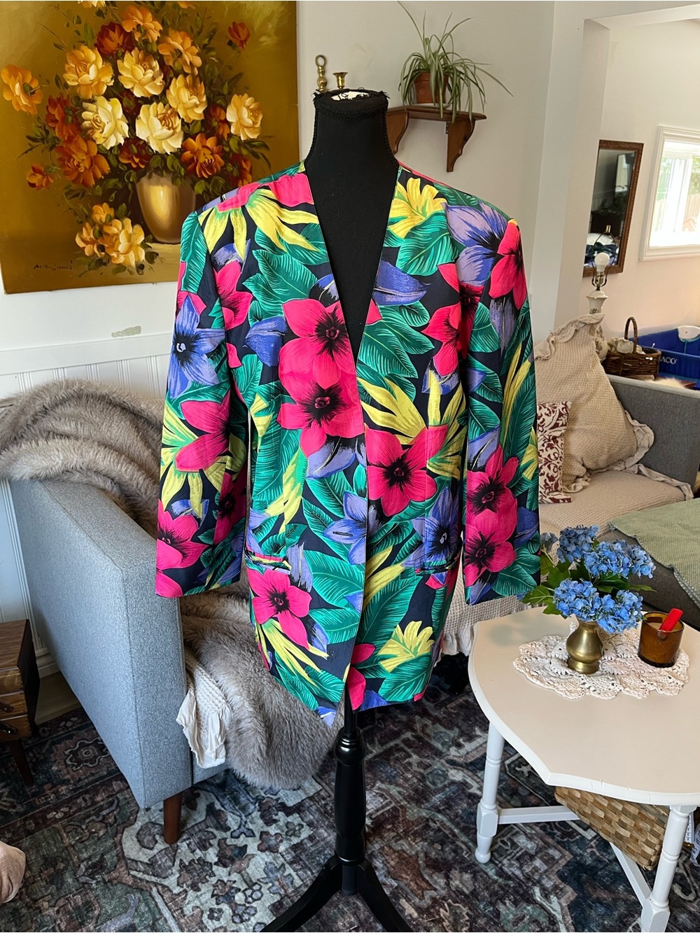 Roberto Paulini 100% Silk Vintage Bright Bold Tropical Floral Blazer Size Large